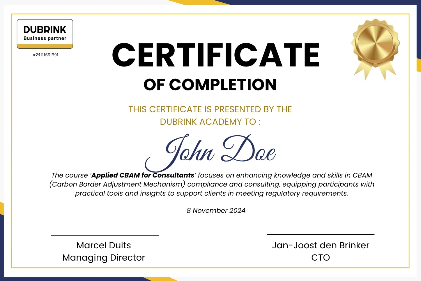 An example of a Dubrink certification for consultants